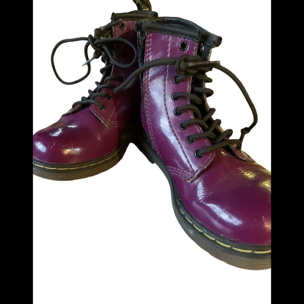 Doc marten children kids purple patent leather boots shoes w zip up side Sz 10